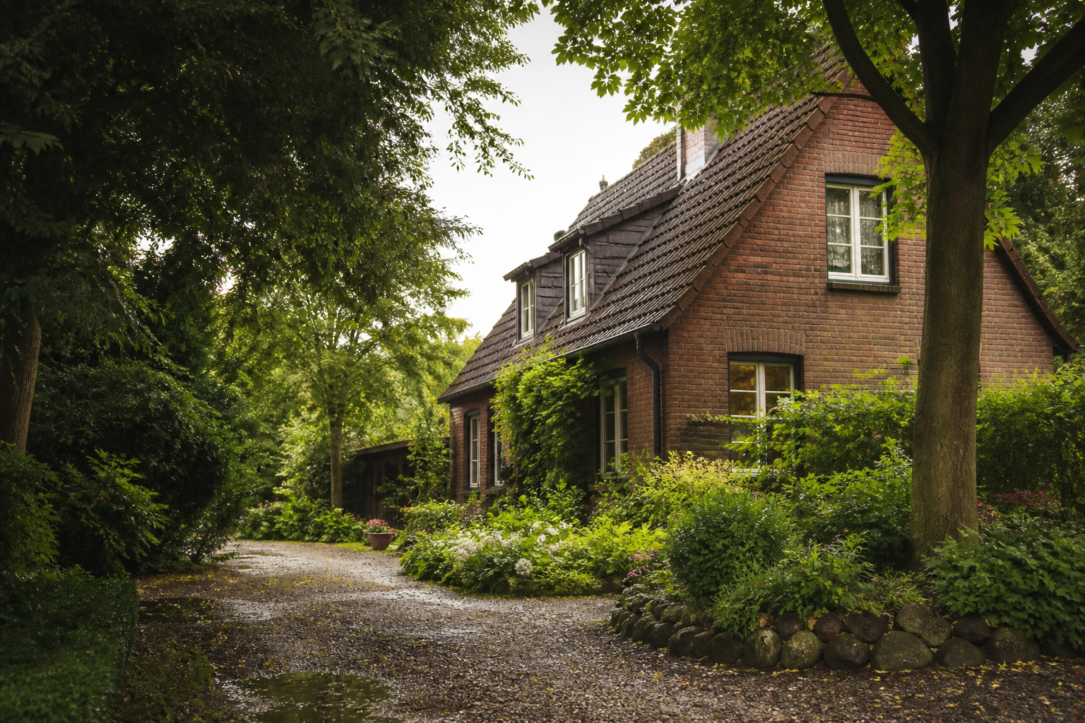 Neutrale KI-Illustration eines Wohnhauses mit Garten, keine Geilenkirchener Objektaufnahme